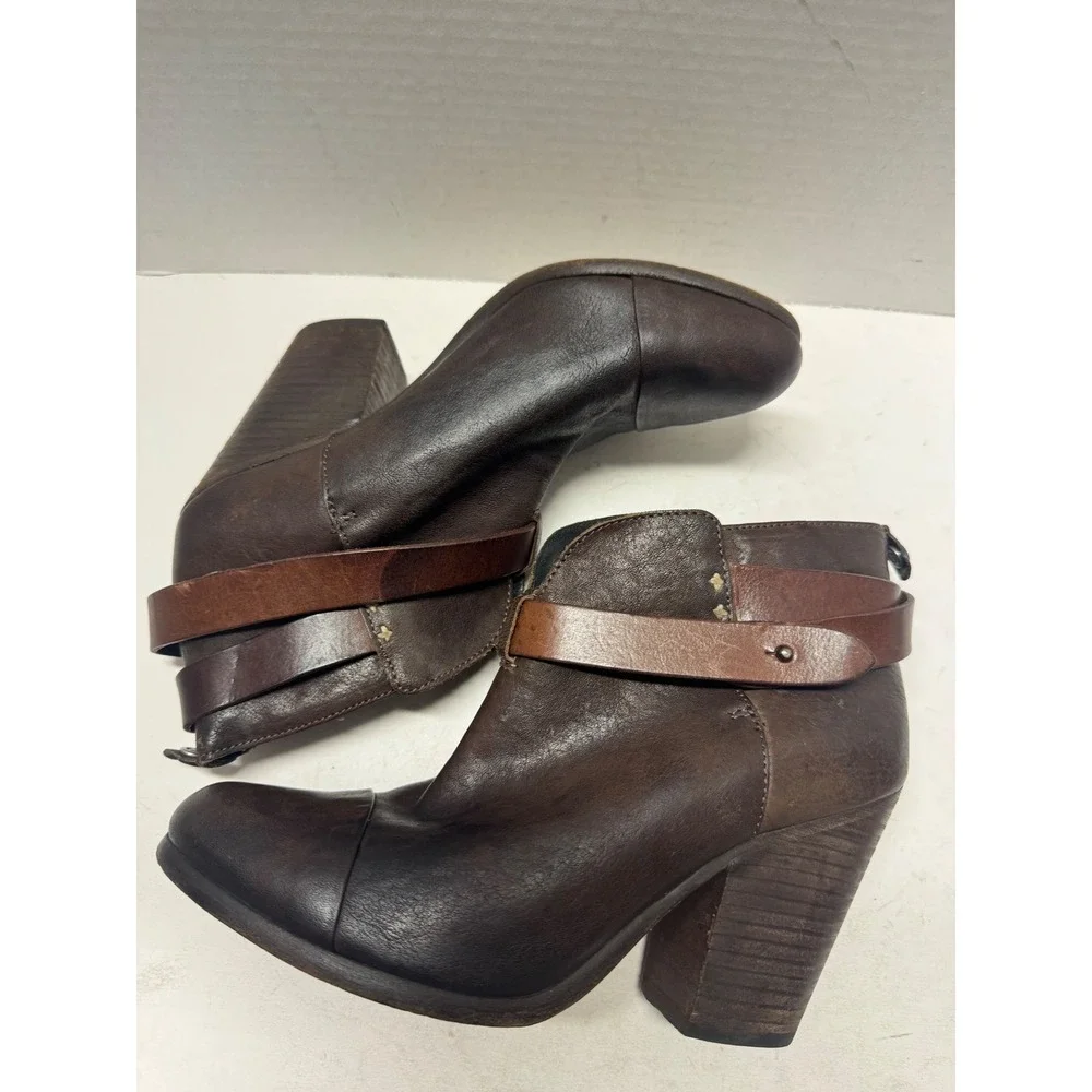 Rag & Bone Harrow Dark Brown Leather Wrap Strap Block Heel Ankle Boots Size 39 9
